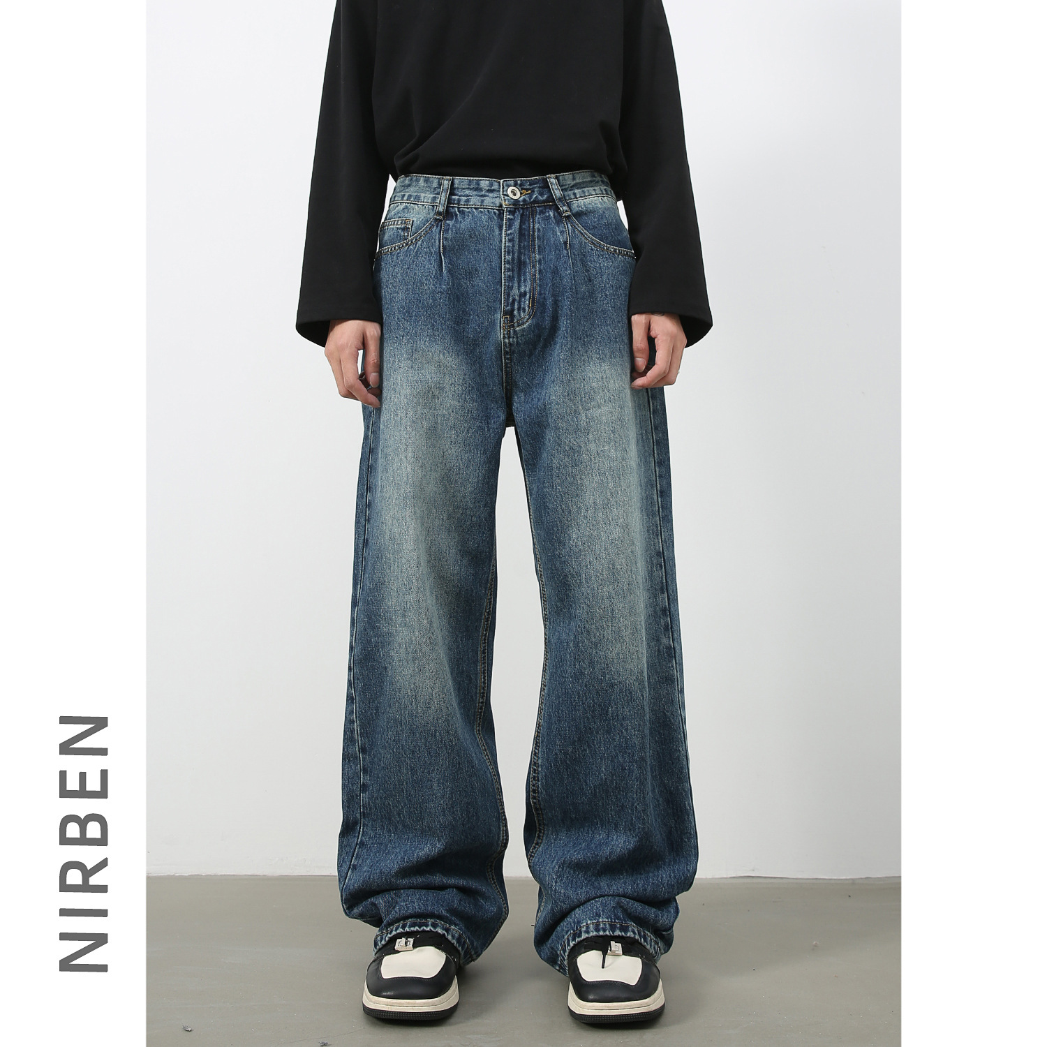 Nirben Denim | Pantalones rectos sueltos de pierna ancha sueltos de color sólido de estilo coreano en vivo