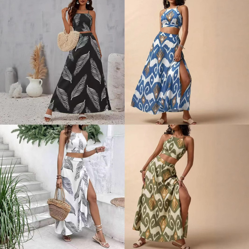 2025 Cross-border New Holiday Printed Elegant Two-piece Sling Sleeveless Top and Slit Skirt suit Women
