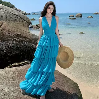 性感挂脖V领蛋糕裙海边度假风长裙雪纺沙滩裙女夏新款连衣裙