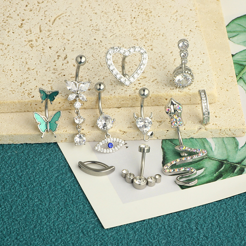 Rose Gold Stainless Steel Inlaid Zircon Belly Button Ring Love Full Diamond Belly Nail Butterfly Piercing Jewelry 10-Piece Set detail image 12