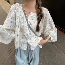 韩国春秋新款小清新碎花衬衫小个子宽松显瘦圆领甜美少女感雪纺衫