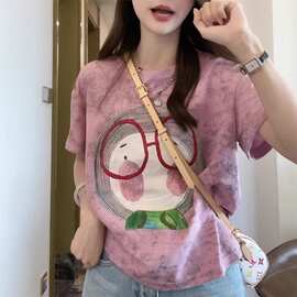 大码胖MM夏季扎染卡通设计感小众新款短袖T恤印花宽松时尚上衣潮