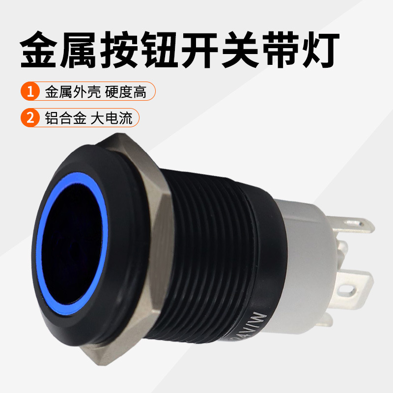 19MM金属按钮开关黑色带灯自锁开关户外防水按键平头复位开关
