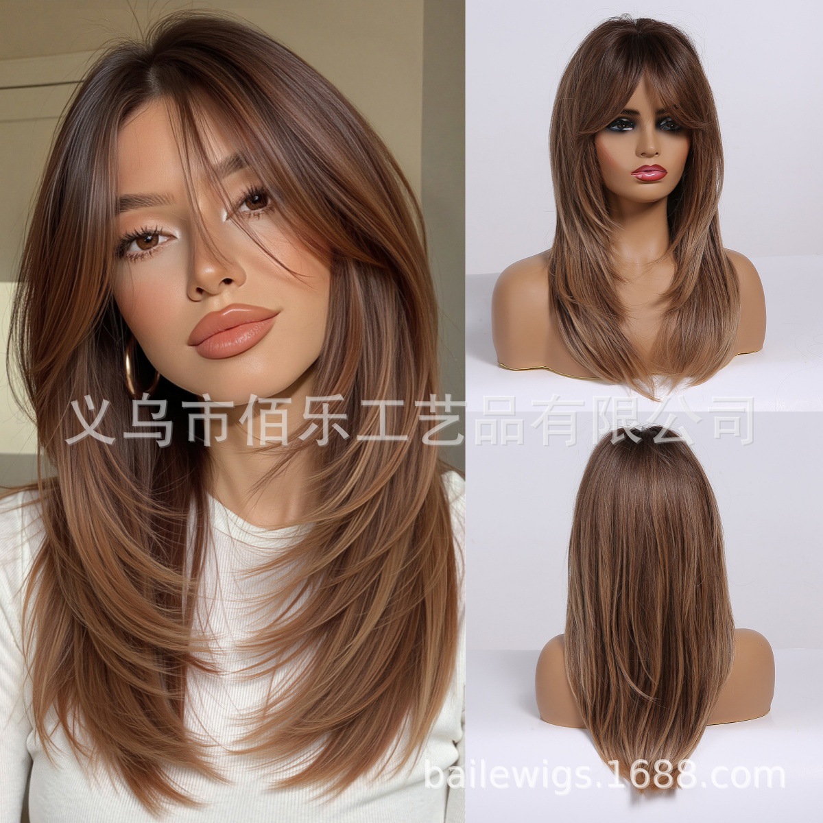 Pelucca marrón rojo gorra de cabello de mujer de alto nivel largo cabello recto de ocho caracteres franjas europeas y estadounidenses wigs transfronterizas