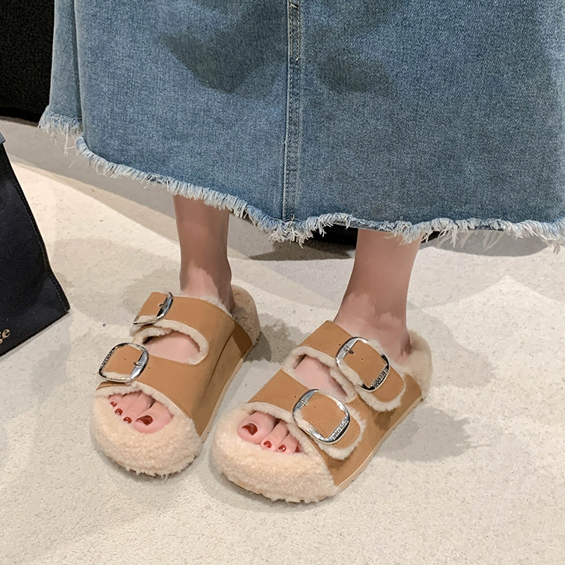Женские тапочки из овечьей шерсти, новинка 2024, осенне-зимние тапочки Boken на толстой подошве для верхней одежды, хлопковые тапочки с ленивой пряжкой