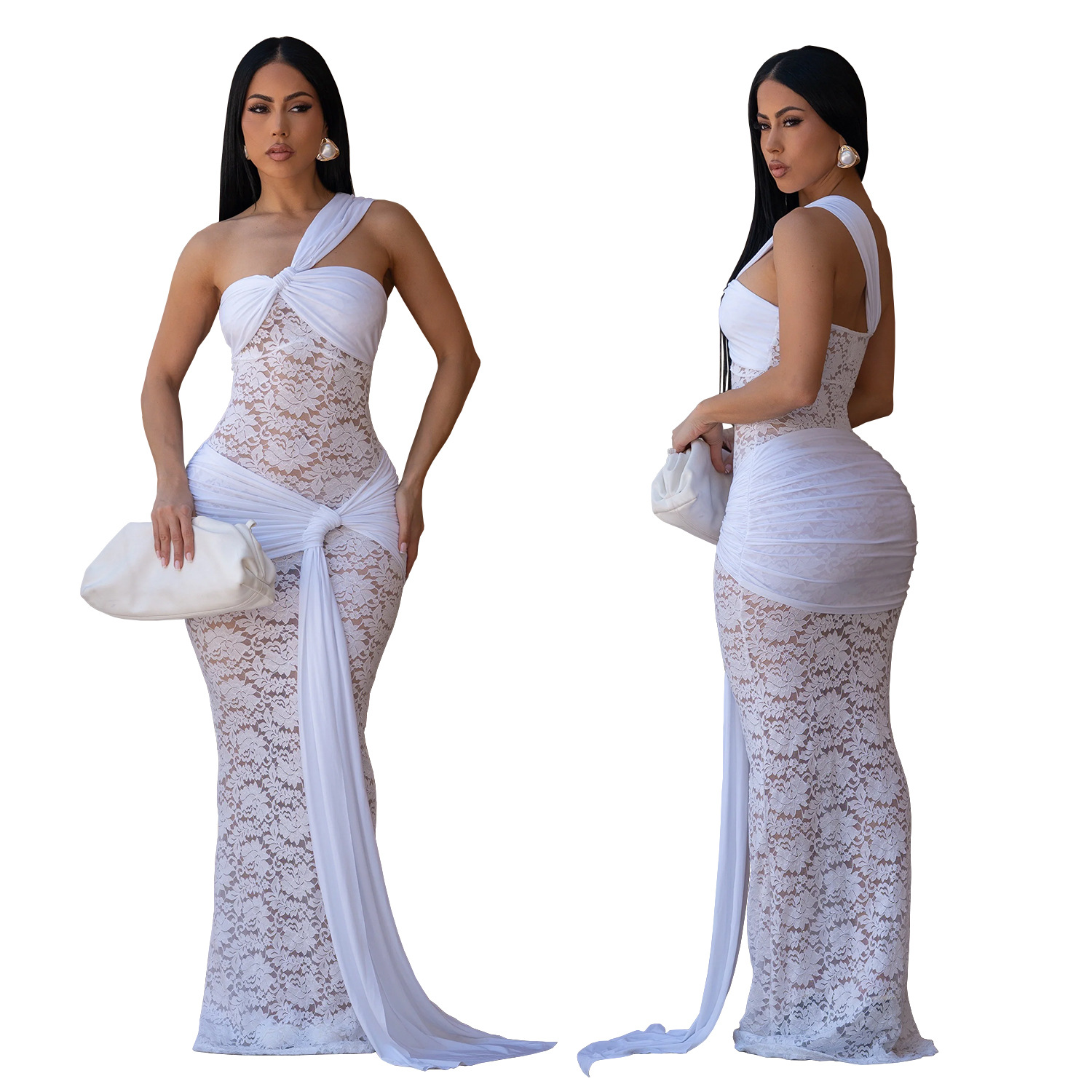 Sexy bodycon jurk van kant met eén schouder voor dames_voghion.com