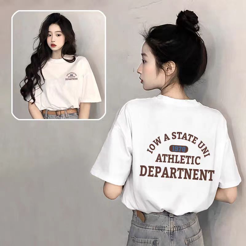 ピュアコットンブラックラウンドネック半袖レディースTシャツ2025新しいホットスタイル夏ルーズアメリカンプリントトップTシャツトレンディ|undefined