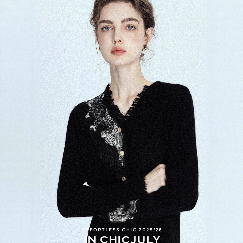 Jinya Clothing Factory/2026/ Realm of Freedom_ Water-Soluble Lace Ultra-Fine Wool Base Knit Cardigan Sweater for Women