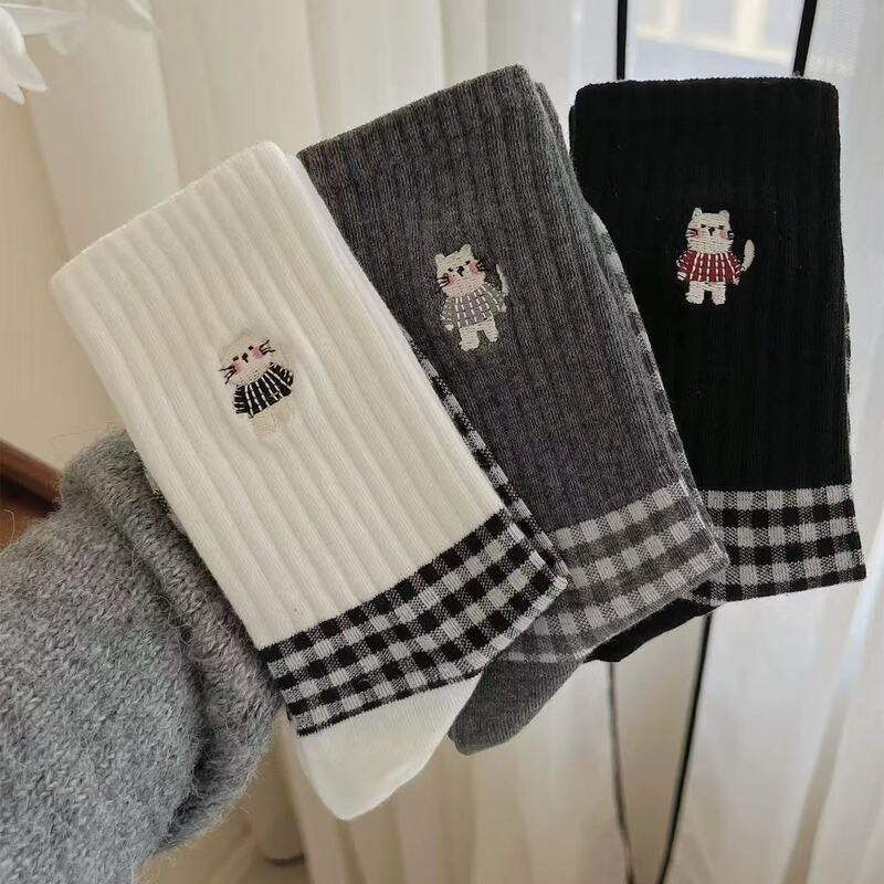 Gray Retro Black and White Plaid Japanese Style Student Socks Women's Mid-Calf Socks Spring & Fall Personalized Kitten Cartoon Cotton Socks Long Tube