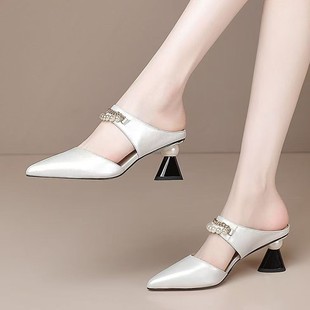 Cross-Border 2025 New Pearl Rhinestone Sandals for Women Spring and Summer Baotou Half Slippers Pointed Toe High Heel Sandals