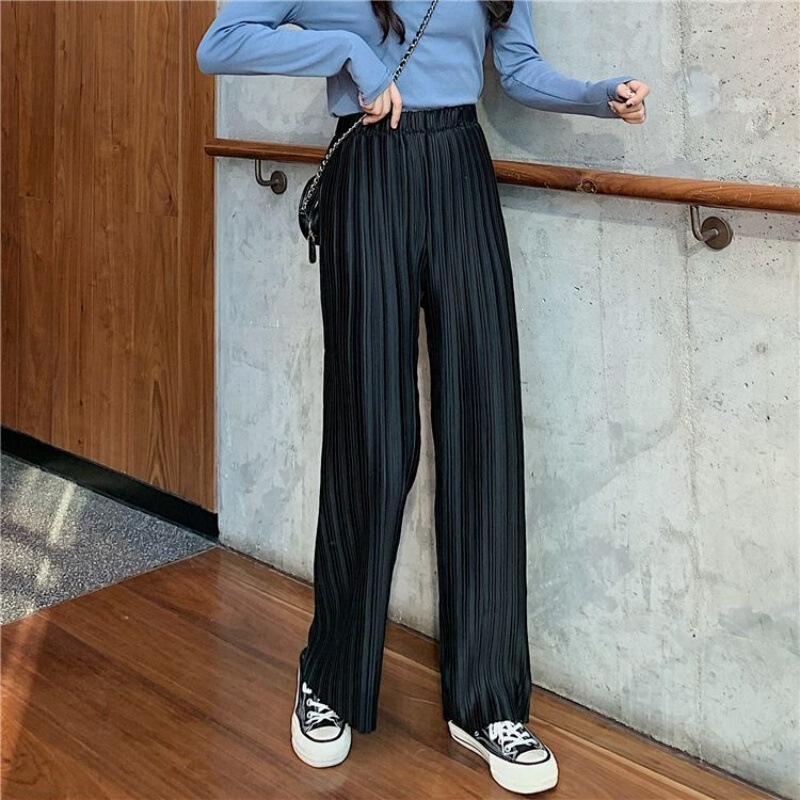 Plus-Size Women's Silk Pleated Pants 2026 New Style Loose High-Waisted Versatile Workwear Drapey Straight Wide-Leg Pants