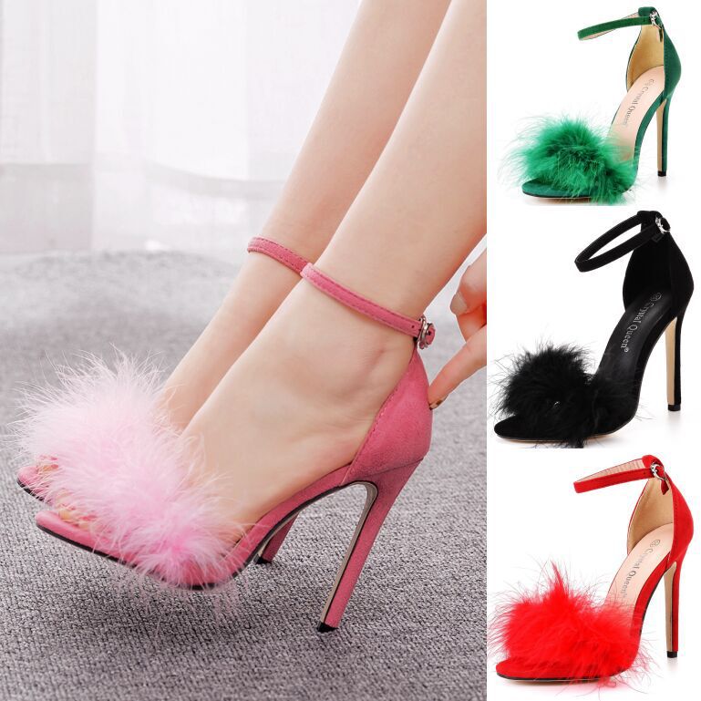 Foreign Trade Sexy Feather High-Heeled Sandals European and American Size 45 46 Size Pink Shallow Mouth One-Word Fish Mouth High-Heeled Sandals for Women