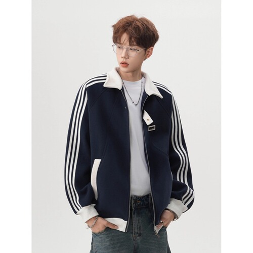 Three-bar stand-neck jacket for men and women's autumn and winter velvet loose preppy style baseball uniform casual sports sweater coat