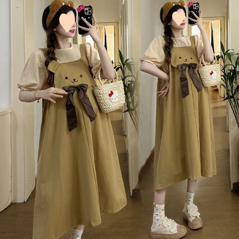 Maternity Wear Korean Style Summer Sweet Outer Wear Mid-Length Suspender Dress Two-Piece Suit