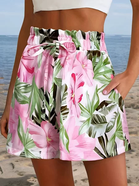 2026 Amazon Women's Cross-Border Tropical Casual Vacation Simple Fashion High-Waisted Outdoor Floral Print Shorts