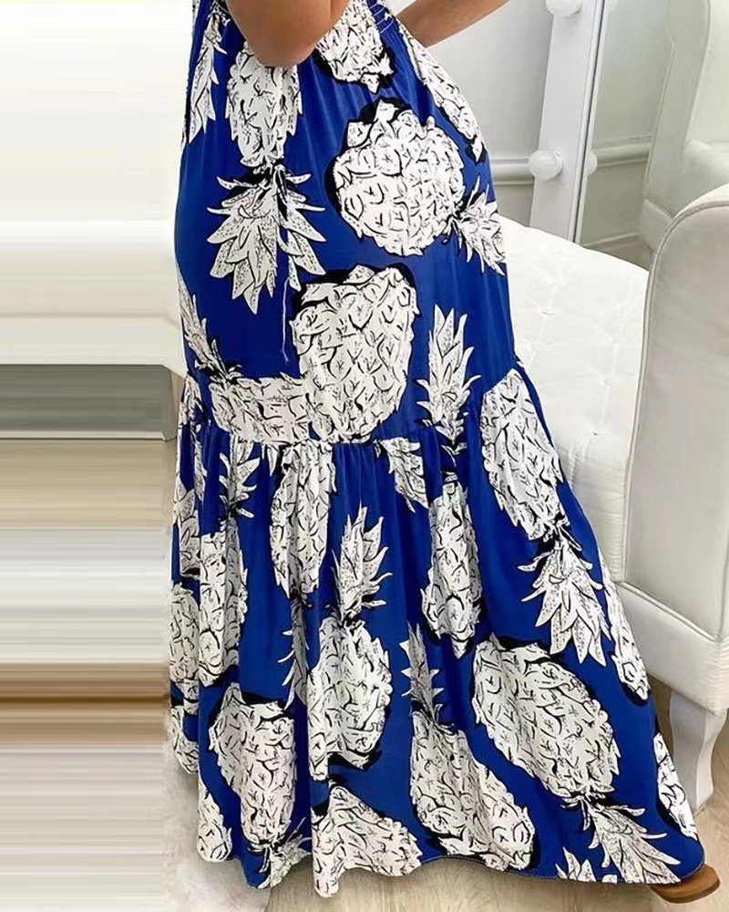 Spandex, Polyester Fabric Type High Waist Waist Line Street Occasion V Neck Neckline Wholesale Women'S Casual Printing Pleated Pineapple Street V Neck Sleeveless Strap Dress