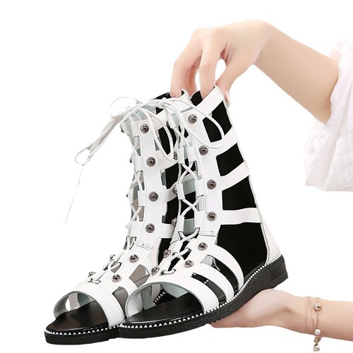 Women's Large Size Summer High-Top Open-Toe Ankle Boots with Roman Eyelets and Zipper Back