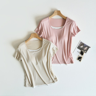 Short-Sleeved T-Shirt for Women with Padded Top, Thin Summer Coconut Oil Eco-Friendly Silk Cool Home Wear, Bra-Free and Can Be Worn Outside