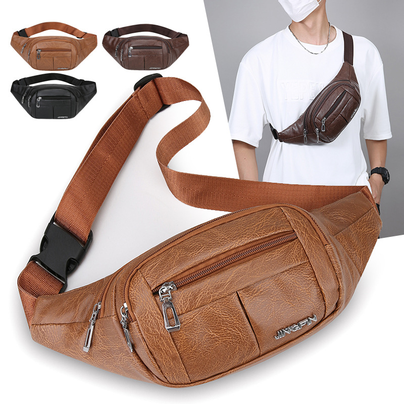 Cross-Border Chest Bag with Multiple Compartments for Business, Wallet, Outdoor Sports, Wear-Resistant Crossbody Bag, Pu Waterproof Men's Waist Bag