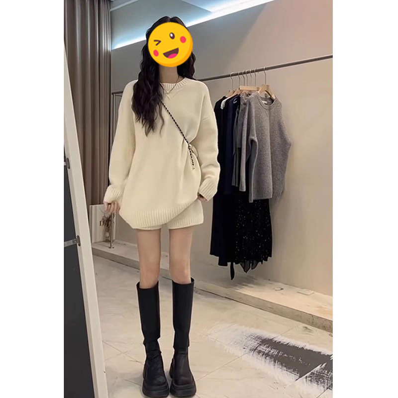 单件/少女感别致穿搭2025秋冬慵懒风时尚宽松长袖毛衣高腰短裤潮|undefined