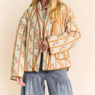 24 Autumn and Winter European and American Cross-Border New Fashion Elegant Stripesd Printed Loose Cotton Outwear Jacket Elegant Top