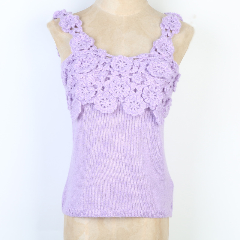 Purple Lazy Hand Hook Rose Vest Knitwear Top for Women Flower Fairy Slim Sweet Suspender Knitwear for Women Thin