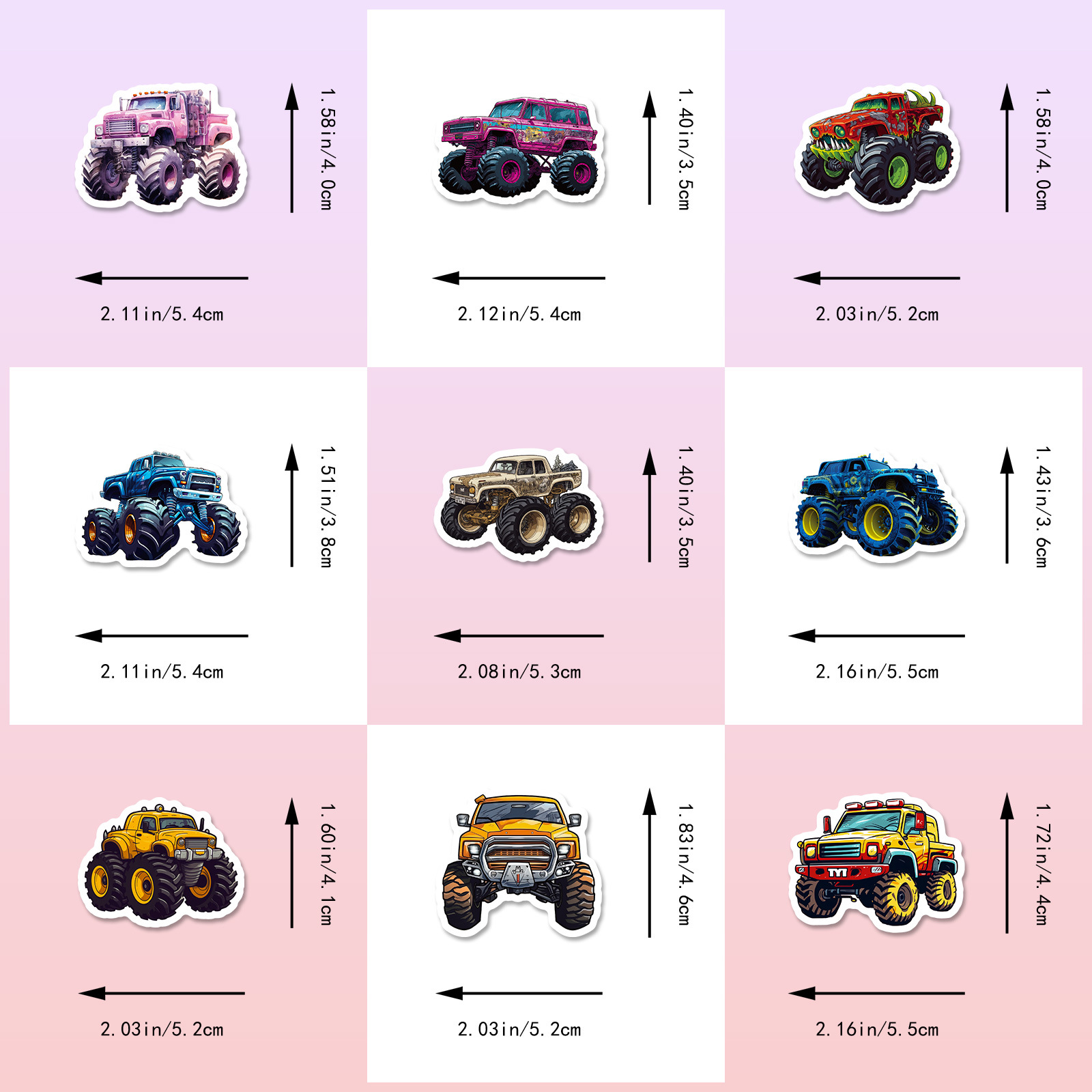 50 Pegatinas de Camiones Monstruo, Coches de Dibujos Animados, Camiones Bigfoot, Vehículos, Pegatinas Decorativas Geniales de Graffiti