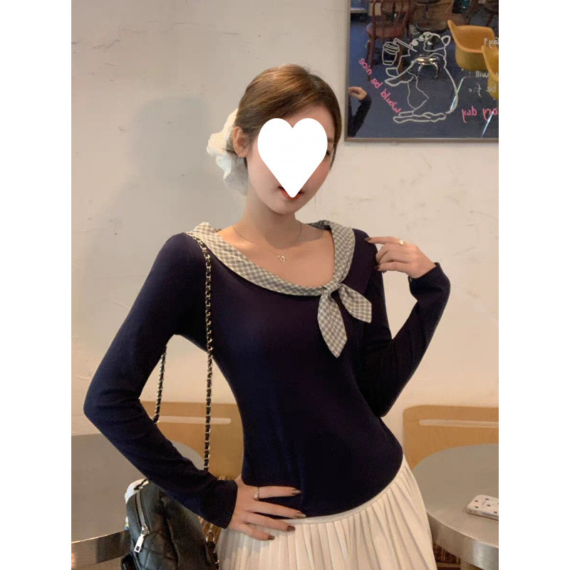 藏蓝色兔耳朵绑带设计感长袖T恤女2025初秋新款修身显瘦百搭上衣|undefined
