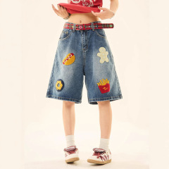 アメリカンレトロハンバーガーフライドポテトタオル刺繍デニムショートパンツレディース夏新作ルーズワイドレッグストレートパンツ