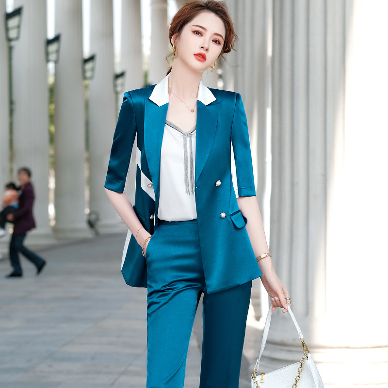 高檔西裝套裝女2021春夏韓版職業裝修身氣質醋酸緞面小西服外套