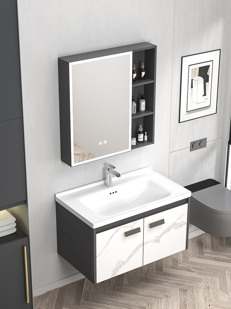 Engrosamiento de aluminio espacio Placa de roca integrado cuenca baño gabinete combinación moderna mesa de lavado inteligente espejo baño lavabo gabinete
