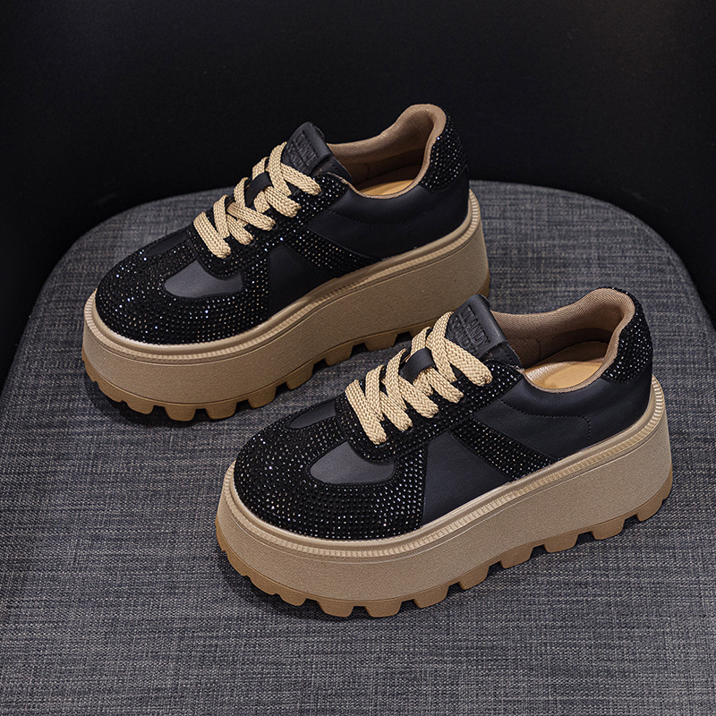 Giày sneaker nữ đế dày tăng chiều cao phong cách Đức retro da lộn đính đá mùa thu 2026 — M2653 lớp lót đơn màu đen, M2653 li đơn màu đỏ, Lớp lót đơn màu vàng M2653, M2653-1 đen cộng với nhung
