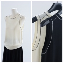 25早秋羊毛混纺撞色线条圆领针织衫无袖圆领背心内搭上衣打底套头