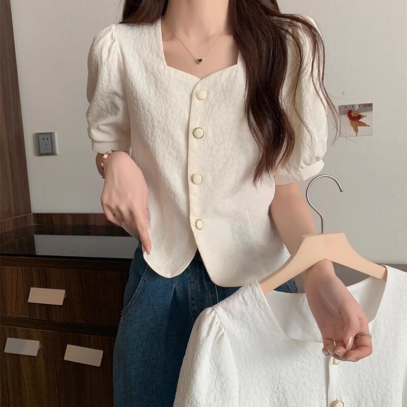 Square Collar Bubble Short-sleeved Chanel Style Chic Summer New Arrival Loose All-match Shirt Women's Shirt Short Top Square Collar Bubble Short-sleeved Chanel Style Chic Summer New Arrival Loose All-match Shirt Women's Shirt Short Top