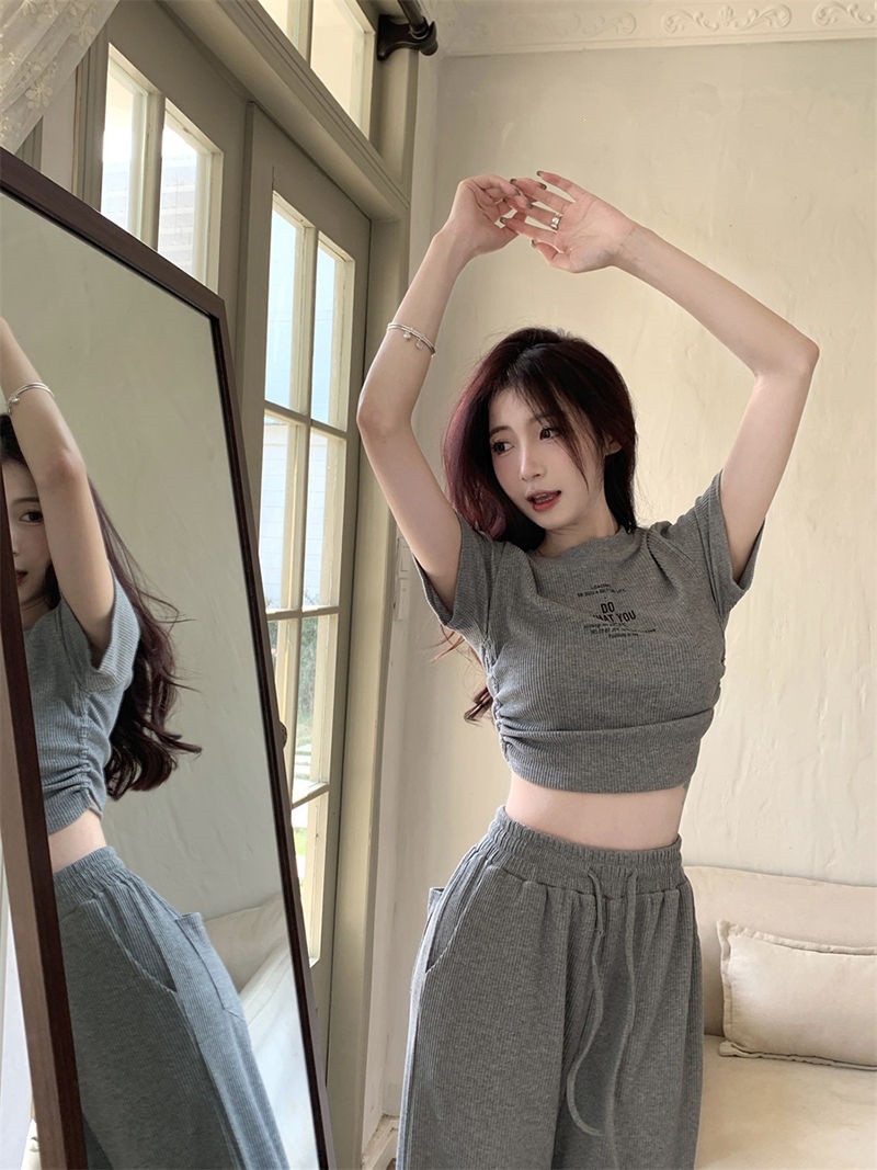 Women's Clothing Style Women's Two Piece Set Casual Gray Summer Top And Wide Leg Trousers Drawstring Tie Short Sleeved Outfit_ecoleips.com