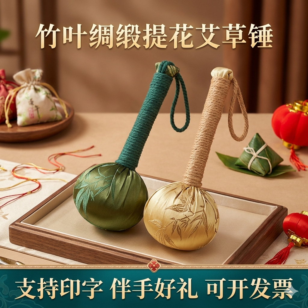 端午竹叶绸缎艾草养生锤短款伴手礼批发节日礼物礼盒装艾草锤批发