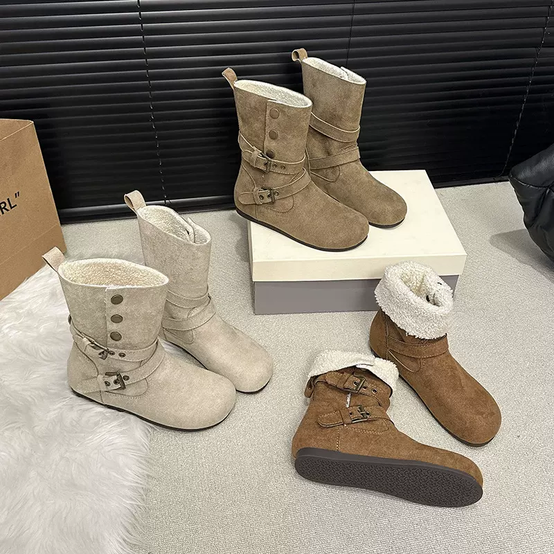 羊羔毛加绒保暖两穿勃肯短靴女皮带扣内增高毛毛雪地靴冬季棉鞋子