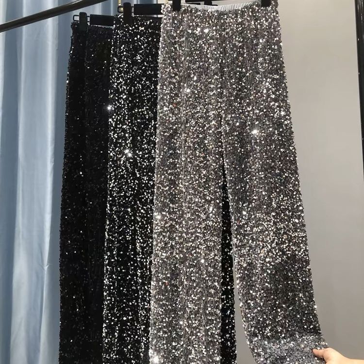 Jinbukang 2025 Hot-Selling New Spring, Autumn, and Winter Straight-Leg Pants with a High-End Drape, Black High-Waisted Slimming Sequin Wide-Leg Pants