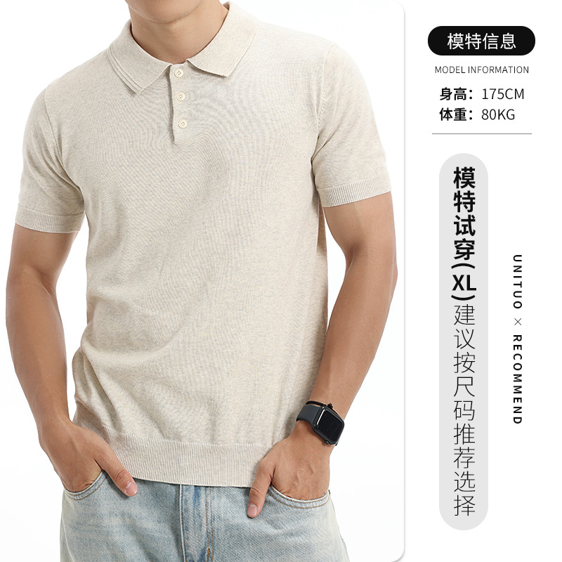 Vento japonés para hombres de punto de manga corta polo camiseta de collar sólido para hombres de verano de negocios casual alta sensación de ropa de hombre