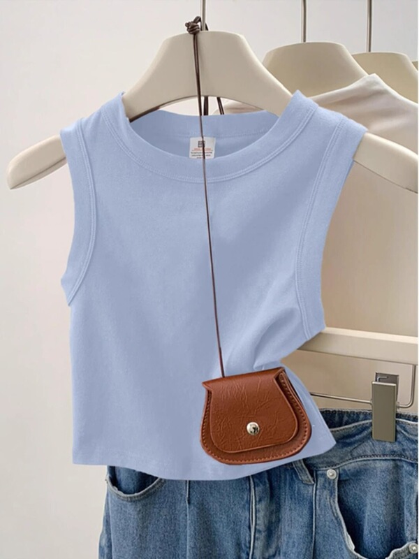 Dopamine Light Blue Summer Vest for Women 2026 New American Style Sleeveless Round Neck Slim Fit Top