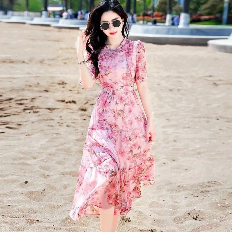 Mid-length printed dress, new summer 2024 style, unique French high-waisted design, ethereal chiffon dress.