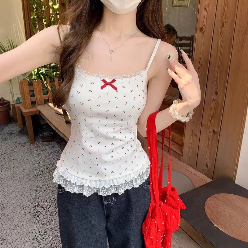 Pure Desire Lace Bow Cherry Print Camisole Women's Summer New Super Nice Temperament Slim Top Pure Desire Lace Bow Cherry Print Camisole Women's Summer New Super Nice Temperament Slim Top