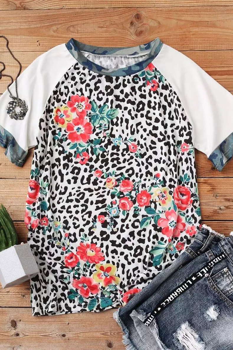 Classic Style Flower Leopard Polyester Round Neck Short Sleeve Regular Sleeve Printing T-shirt display picture 1