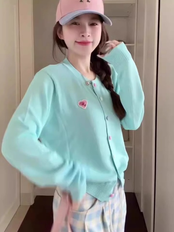韩版浅蓝色长袖针织开衫女多巴胺上衣女早秋季薄款毛衣外套搭吊带|undefined