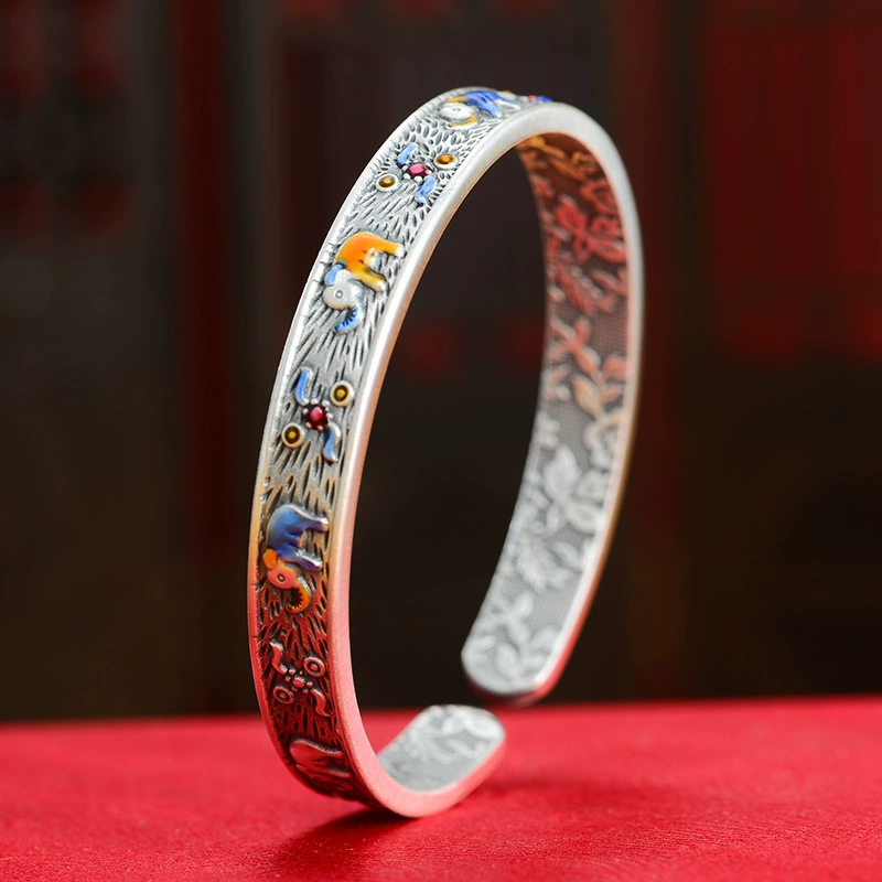 Серебряный браслет, этническая эмаль, этнический стиль, 31 г