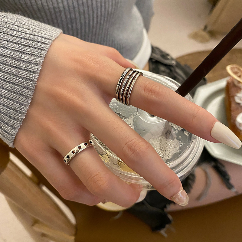 Korean Hollow Star Open Ring Retro Multi-layer Stripe Silver Plated Copper Ring Female display picture 2