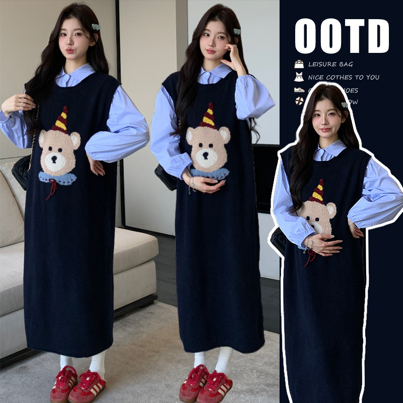 Real Shot of Elegant 2025 Autumn and Winter Suit Korean Fashion Blue Shirt + Cartoon Birthday Bear Knitted Vest Dress