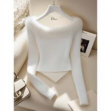 天猫抖音质量毛领拼接露肩针织衫女早秋小众设计感短款内搭打底衫