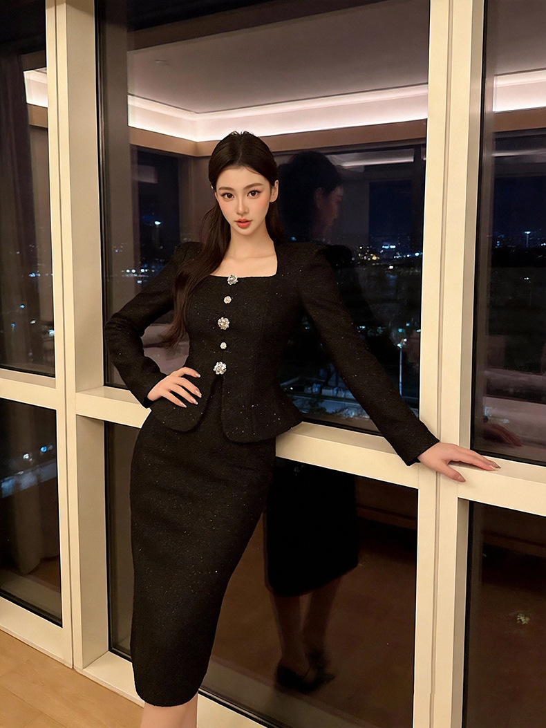 Đầm suông nữ midi cổ vuông kiểu Pháp, cúc đơn, eo thắt, thiết kế giả hai lớp che bụng mông — đen chi tiết 14