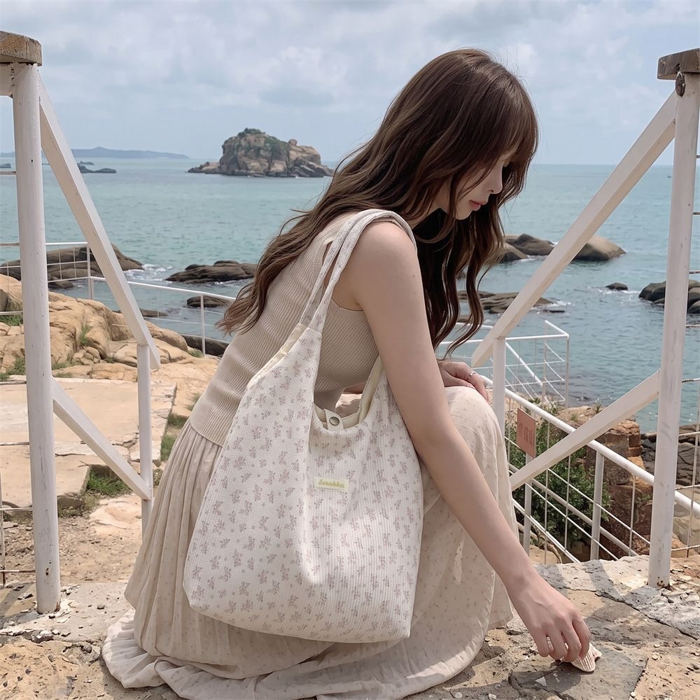 细条纹小碎花抽绳温柔托特包单肩学生上课逛街大容量文艺手提包